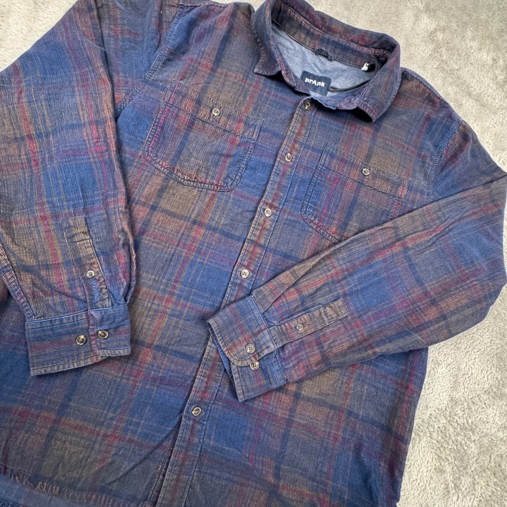 Prana Corduroy Shirt Mens Large Blue Plaid Organic Cotton Excellent Long Sleeve